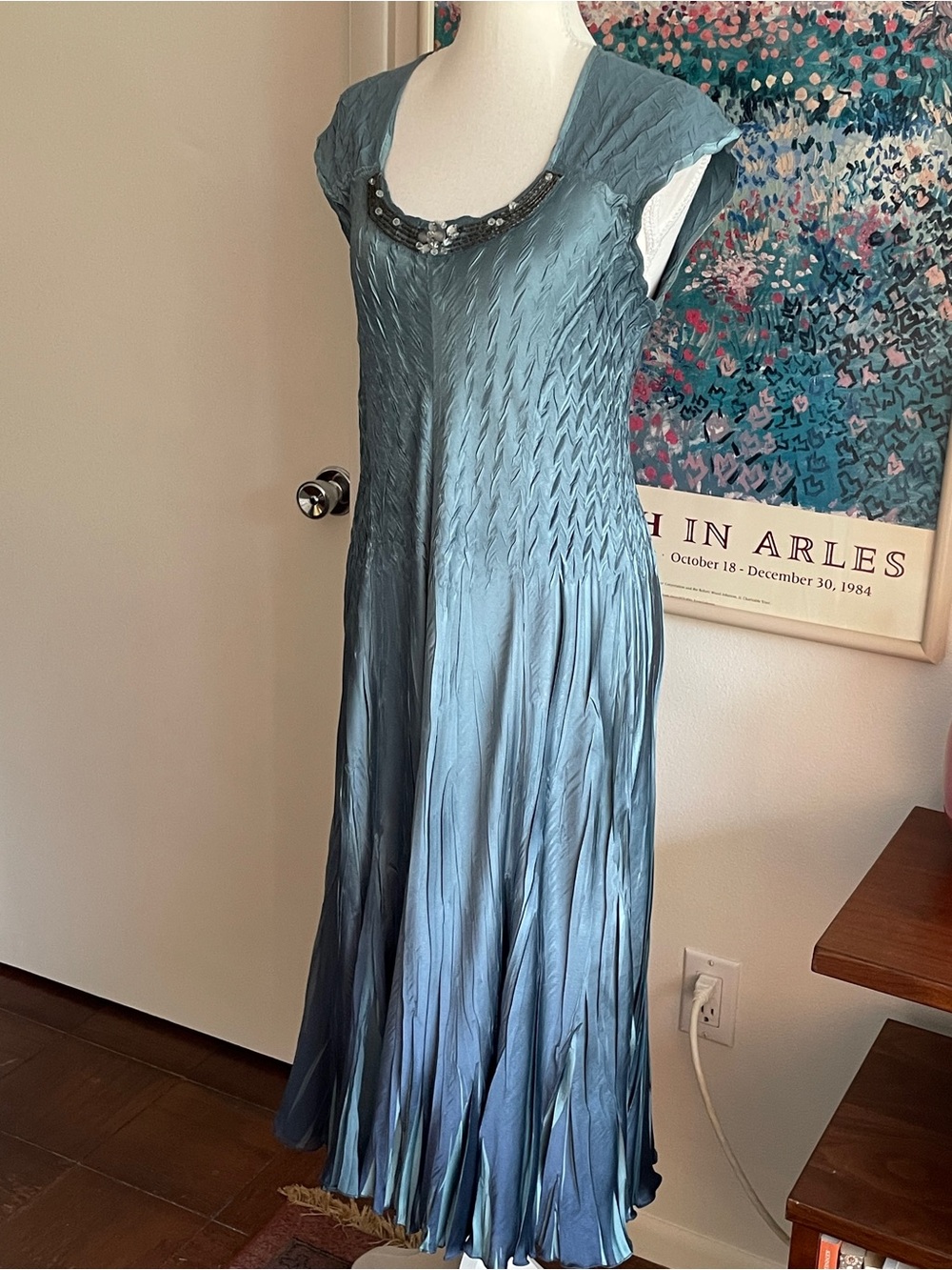 Komarov Teal Blue Pleated Maxi Dress Cardigan Set Mermaid Fairy Wedding Guest - Picture 2 of 16